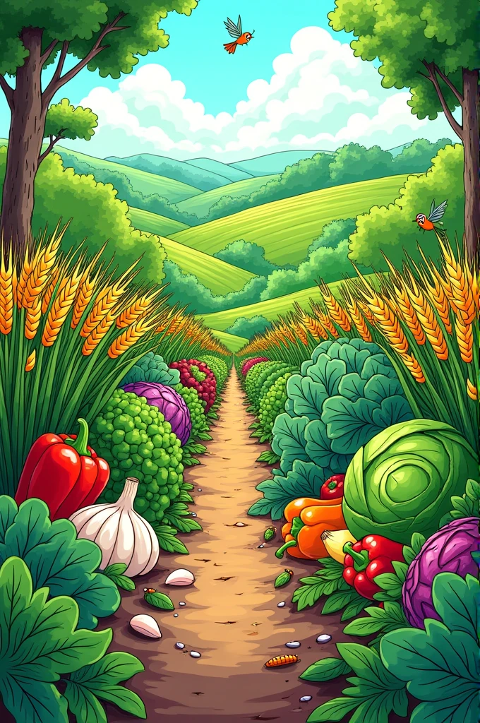 Please create a coloring picture of a vegetable garden for stir-fried instant noodles using the relevant plants: wheat, coriander, kale, cabbage, garlic, soybeans, pepper, palm oil.