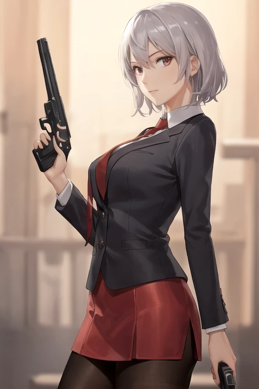 Highest quality、Ultra HD、Vivid colors、One Woman、(Silver short hair)、(Red Blazer 1.3)、(Red tie)、(shirt)、(Red Heels 1.1)、((Red Mini Tight Skirt))、((Black Tights 1.2))、((1 holding a gun in both hands.5))、stylish、Beautiful Face、(Black Belt 1.2)、2 female、Glamorous Body、(Sunset slum background 1.2)、((Clear and beautiful touch))