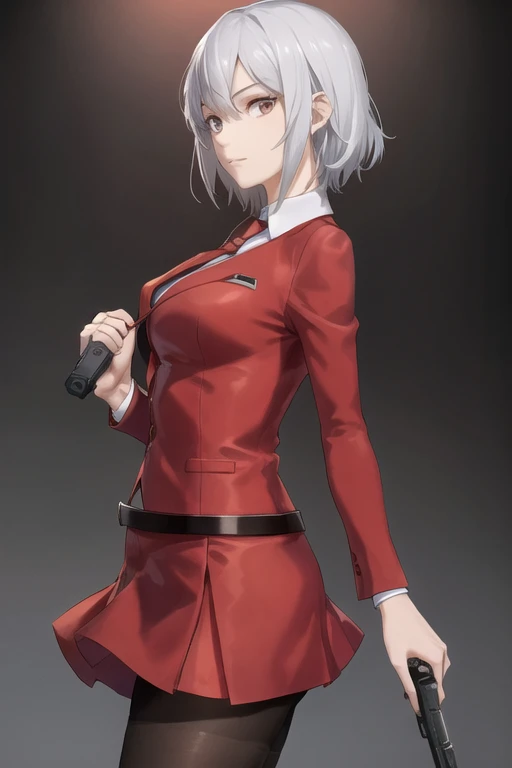 Highest quality、Ultra HD、Vivid colors、One Woman、(Silver short hair)、(Red Blazer 1.3)、(Red tie)、(shirt)、(Red Heels 1.1)、((Red Mini Tight Skirt))、((Black Tights 1.2))、((1 holding a gun in both hands.5))、stylish、Beautiful Face、(Black Belt 1.2)、2 female、Glamorous Body、(Sunset slum background 1.2)、((Clear and beautiful touch))