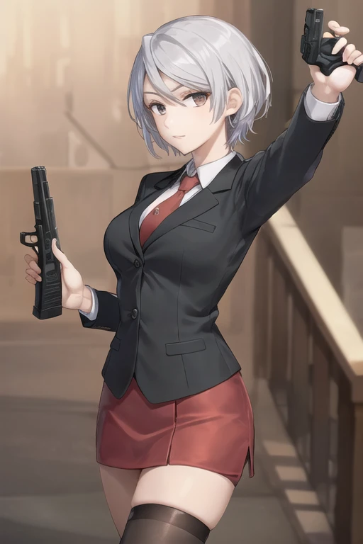 Highest quality、Ultra HD、Vivid colors、One Woman、(Silver short hair)、(Red Blazer 1.3)、(Red tie)、(shirt)、(Red Heels 1.1)、((Red Mini Tight Skirt))、((Black Tights 1.2))、((1 holding a gun in both hands.5))、stylish、Beautiful Face、(Black Belt 1.2)、2 female、Glamorous Body、(Sunset slum background 1.2)、((Clear and beautiful touch))