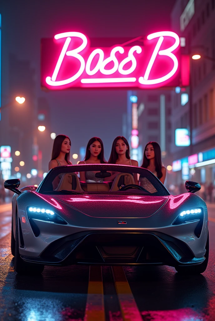 -Vehicle: A luxury open up car
-Models: 5 Korean idol girls dressed in elegant
-Neon Sign: A road sign with "Boss B" in vibrant neon lights in the background.
-Colors: Use luxurious metallic tones and neon effects.
-Style: Aim for a sophisticated and modern look with professional design help.