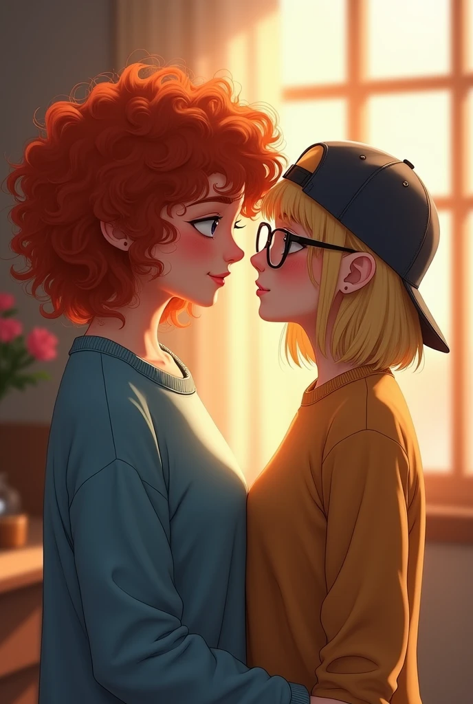 A girl with curly red hair wearing a blue sweater looking lovingly at another blonde girl wearing a backwards cap and glasses 