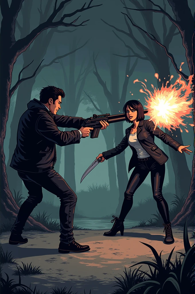 em pixel art, Dean Winchester is firing a sawed-off shotgun next to a goth woman, both attacking one spirit. The gothic woman has short hair, blackw, and wears dark clothes, with a striking style: uma jaqueta de couro preta, tight pants and boots. She also holds a gun, like a silver knife or other characteristic weapon to fight spirits. The spirit is struck by both, with bursts of light or particles. The outlook remains bleak, in a dark forest or an abandoned house."