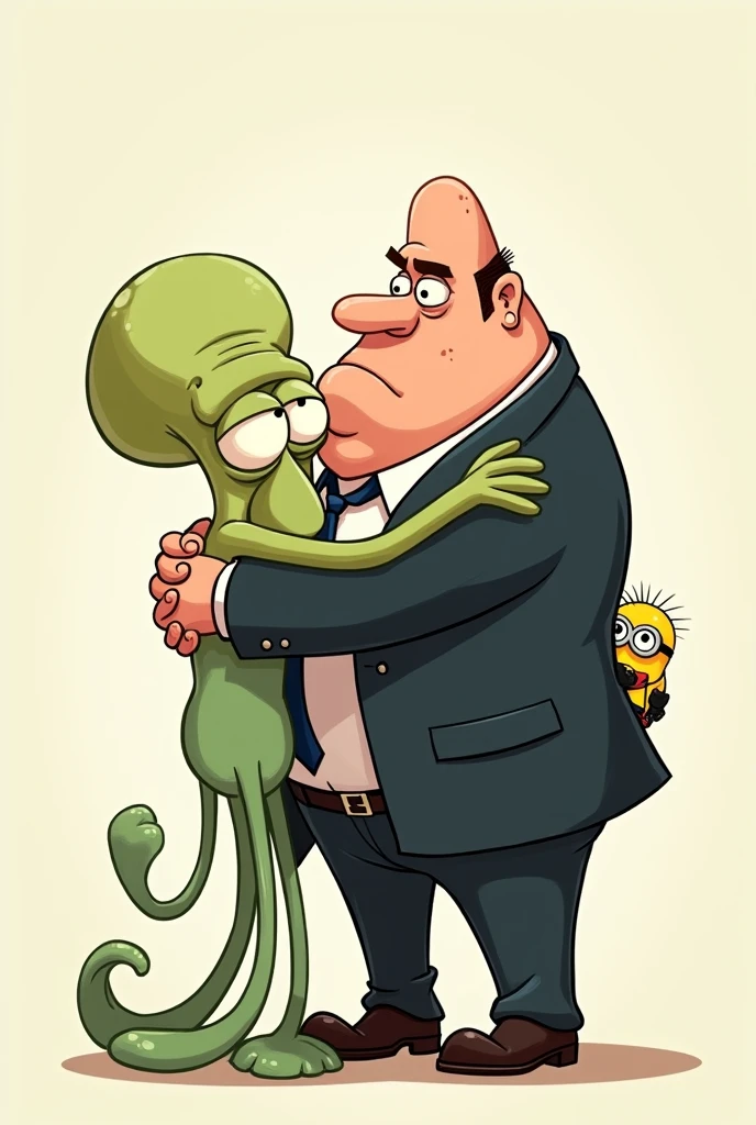 Squidward hugging Gru from the minions