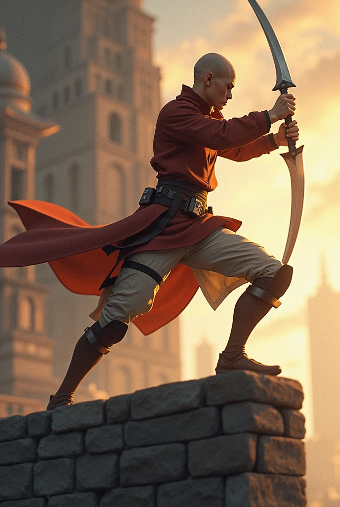 Best Quality, Avatar Aang, On the Wall, Attack on Titan, Anime, Eren Uniform, Attack on Titan Weapon, Looking Forward, Man, Aang, Bald,
