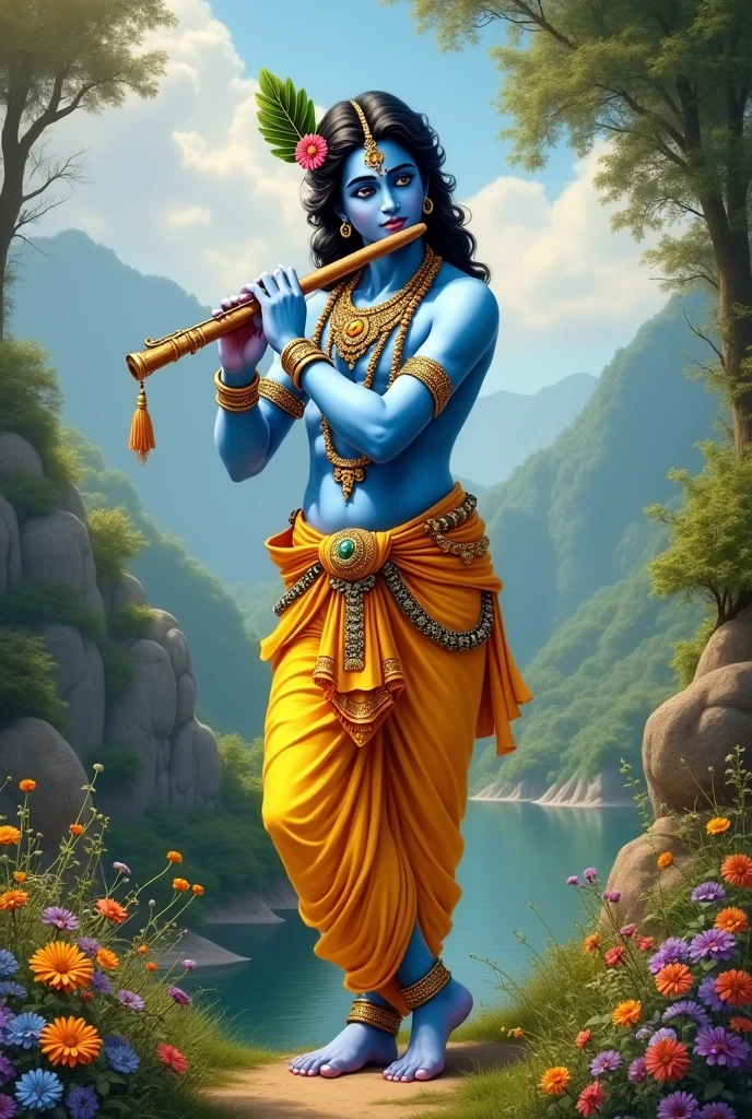 Lord shri krishna bhagwan playing with flute 
