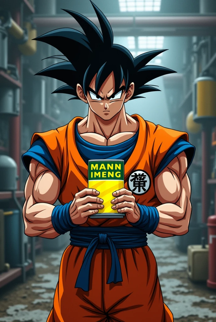 create the image of goku from dragon ball holding a mann brand car engine filter