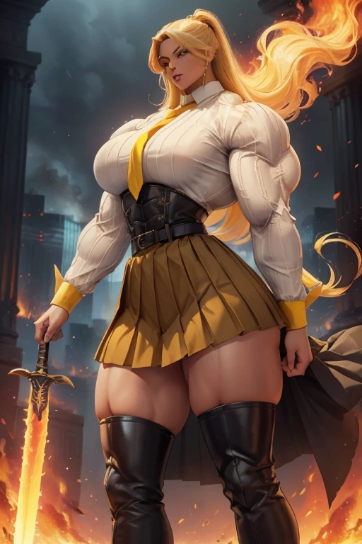 ((Massive tall, beautiful, buff, light brown skinned muscular woman with yellow hair, black lipstick, ginormous bulky muscles, carrying a fire sword and wearing a yellow long sleeve pleated shirt with beautiful long pleated skirt)), ((close view)), (massive muscles), long flowing hair, gray eyes, choker, ((yellow long sleeve pleated shirt and tie)), neck tie, ((beautiful long pleated skirt)), belt, thigh high socks, black boots, (in a fire city), closed smile, night, massive muscles