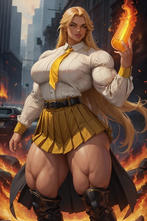 ((Massive tall, beautiful, buff, light brown skinned muscular woman with yellow hair, black lipstick, ginormous bulky muscles, carrying a fire sword and wearing a yellow long sleeve pleated shirt with beautiful long pleated skirt)), ((close view)), (massive muscles), long flowing hair, gray eyes, choker, ((yellow long sleeve pleated shirt and tie)), neck tie, ((beautiful long pleated skirt)), belt, thigh high socks, black boots, (in a fire city), closed smile, night, massive muscles