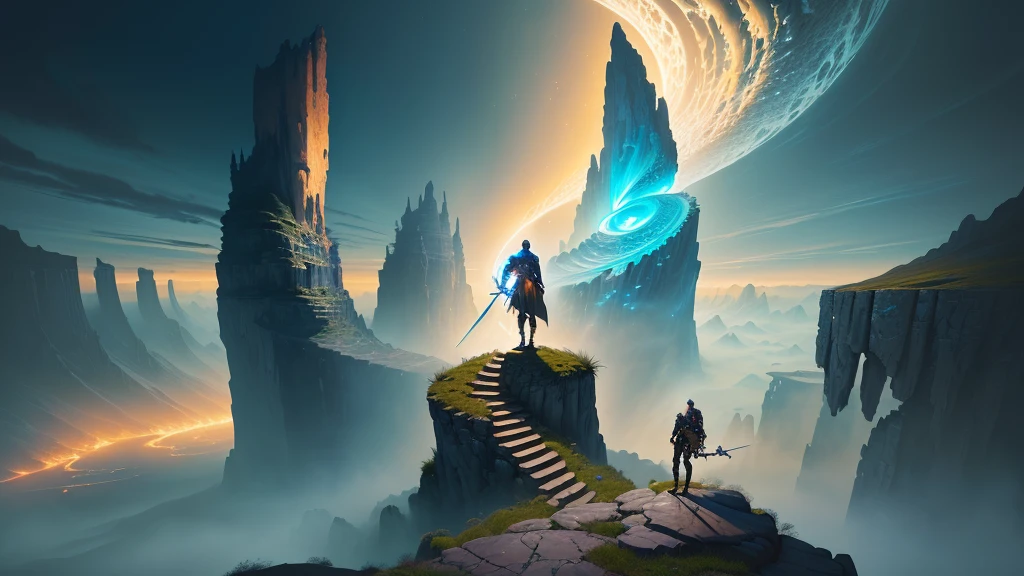 painting of a man standing on a cliff with a sword in front of a spiral, epic surrealism 8k oil painting, epic fantasy sci fi illustration, epic fantasy digital art style, epic fantasy digital art, fantasy epic digital art, 4k highly detailed digital art, epic scifi fantasy art, epic mysterious surrealism, 4k fantasy art, symmetrical epic fantasy art