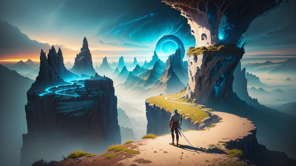 painting of a man standing on a cliff with a sword in front of a spiral, epic surrealism 8k oil painting, epic fantasy sci fi illustration, epic fantasy digital art style, epic fantasy digital art, fantasy epic digital art, 4k highly detailed digital art, epic scifi fantasy art, epic mysterious surrealism, 4k fantasy art, symmetrical epic fantasy art