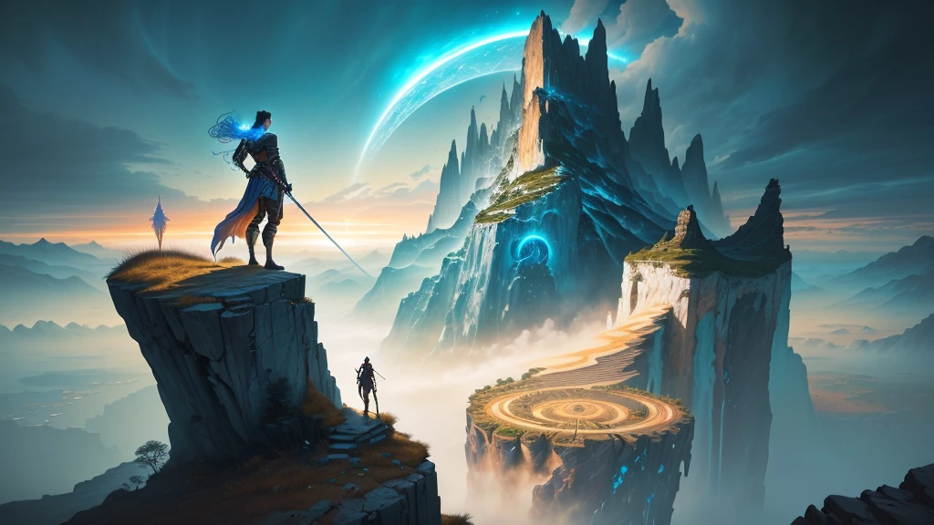 painting of a man standing on a cliff with a sword in front of a spiral, epic surrealism 8k oil painting, epic fantasy sci fi illustration, epic fantasy digital art style, epic fantasy digital art, fantasy epic digital art, 4k highly detailed digital art, epic scifi fantasy art, epic mysterious surrealism, 4k fantasy art, symmetrical epic fantasy art