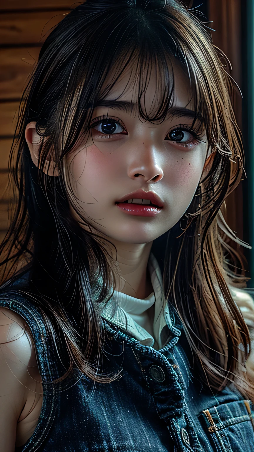 (RAW Photos:1.2), ((Realistic:1.4)), Highest quality, masterpiece, Very detailed, 8k wallpaper, The finer details, Highest quality, Very detailed 8k wallpaper, Detailed face, Detailed eyes, double eyelid, High resolution, ((software)), , aunt, Very large breasts bigger than a face, Short brown hair, Vivid eyes, Sexy lips, Sleeveless turtleneck sweater, Tight blue jeans, In the bedroom