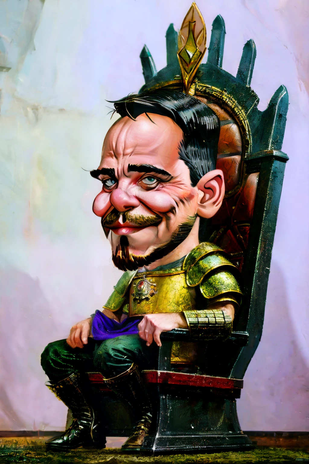 (((caricature style: 1.5))), 1man, male1.4, solo, 25yo,exaggerated features, bold lines, vibrant colors, digital painting, cartoonish, (((wtruffa face))), big head, (( Wearing a game of thrones armor style )) , ((sitting on an iron throne)), dramatic lighting, digital painting, cartoonish, bold lines, vibrant colors, high contrast, sharp details, fantasy elements, medieval atmosphere, epic and powerful, (masterpiece: 2), best quality, ultra highres, original, extremely detailed, perfect lighting
