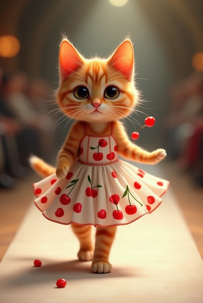 (photorealism:1.2), cute ginger cat, red cherry dress, walking on the runway