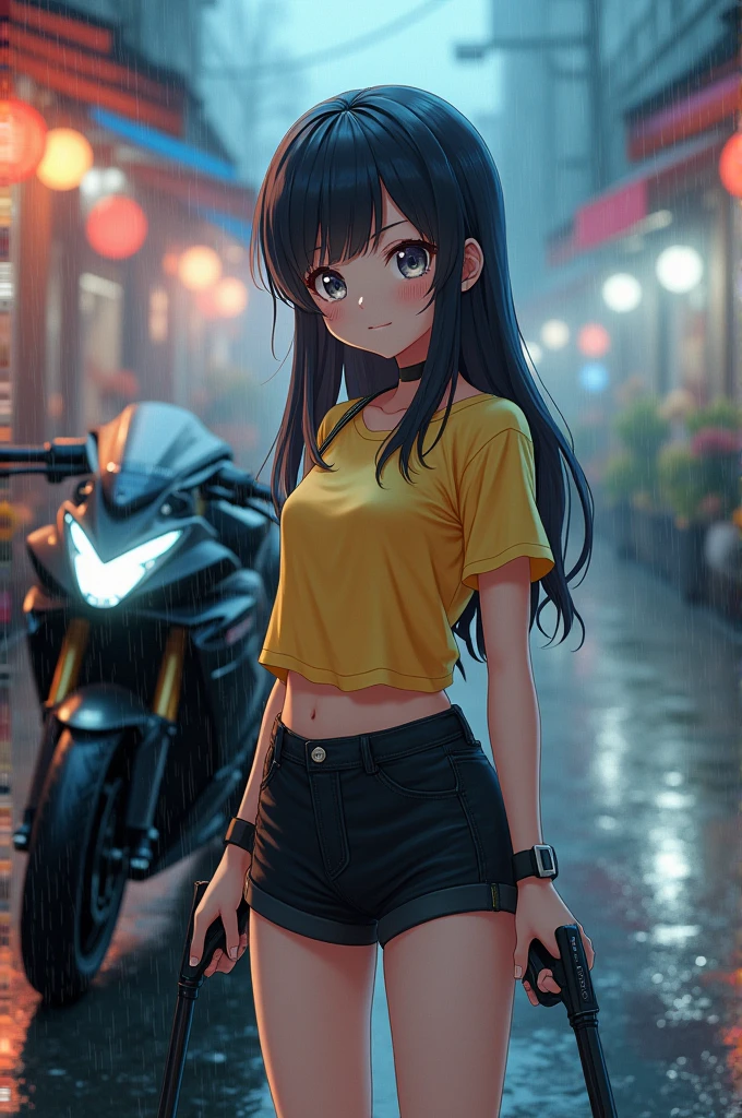 Create an cute anime girl with big beautiful eyes, long black hair, adorable smile, wearing black shorts pant and yellow t shirt, a weapon on her hand, standing on wet road, in rainy weather, in fog, on market Street, front of her modified sports bike. At night