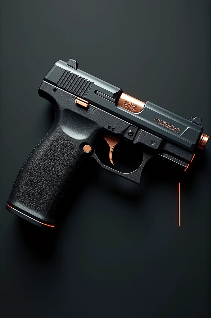 Imagine a TTI pistol inspired by the one used by John Wick. The gun body retains its iconic design, but with futuristic touches. The main surface is made of a carbon black material with a matte finish., giving a robust and modern appearance. Weapon parts, like the slide and trigger, have bronze details, providing an elegant contrast.
To add the futuristic touch, thin neon lines run along the contours of the gun, highlighting areas such as the grip and base of the barrel. These neon elements are subtle, not mastering the look of the weapon, but emphasizing its modernity.
