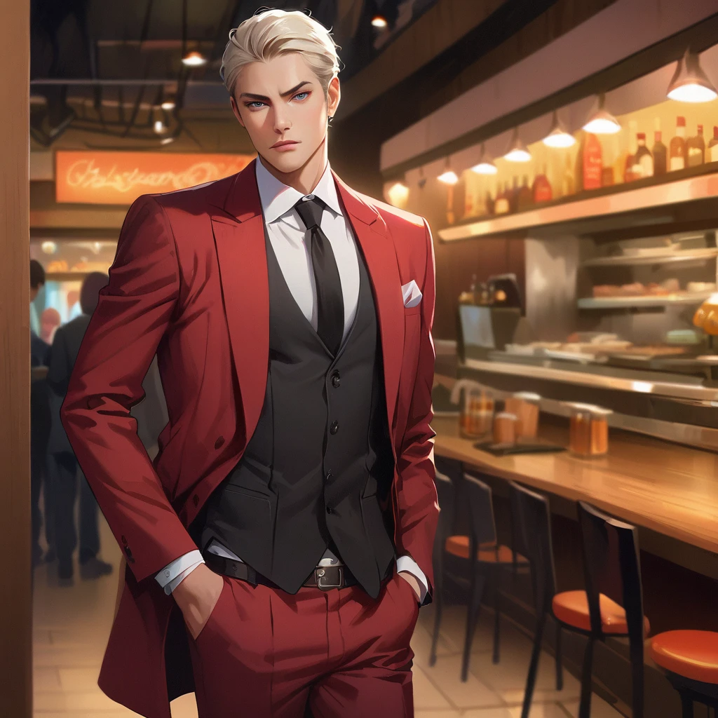 1 boy, standing, suit, red suit, black vest, black tie, handsome, white hair, blue eyes, sharp jawline, silver belt, looking at viewer, hand in pocket, standing, restaurant, blurry background, stylish, classy, anime, realistic.