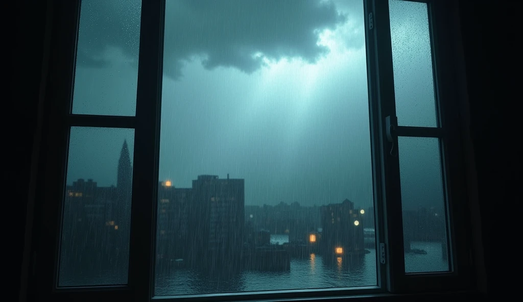 An Open the window that'It's raining outside, storm
prompt: Open the window,that'It's raining outside,storm,heavy rain,thunderstorm,The wind is blowing,Strong winds,Soaking wet,Indoor View,Window frame,heavy raindrops,stormy atmosphere,Water droplets on the window glass,Dark Clouds,cloudy,stormy sky,Atmospheric,Damp atmosphere,Fresh breeze,Ominous premonition,Drizzle,Falling Water,Lightning shines,Rumbling thunder,Concentrated heavy rain,Pouring rain,Water droplets fall,Thick curtain of rain,Shadows cast by raindrops,Mysterious atmosphere,Wet road surface,Reflection on the glass,Blurred outdoor scene,Emotional impact,gentle sound of rain,Freshness in the air,bad weather,Create a cozy atmosphere.