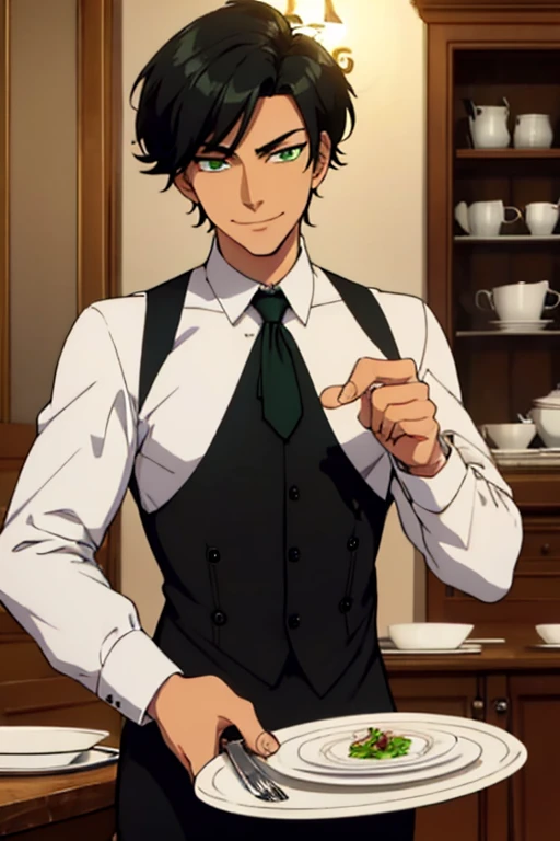 Perfect face. Perfect hands. A handsome black haired man with green eyes and short hair in a butler's uniform is smiling while setting a table in a fancy butler cafe