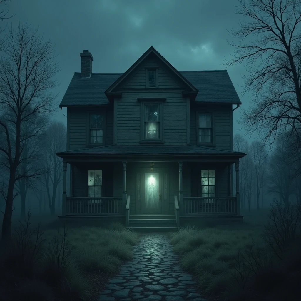 A scene after the day has passed. The house is closed from the outside, with cobwebs and broken glass visible through the windows. A ghostly light and soft voices emanate from inside the room, creating an eerie atmosphere.