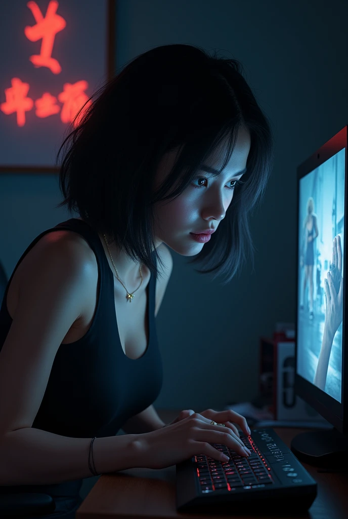 A Female Filipino 2 wearing a demon slayer nezuko style black tank top playing a resident evil 2 remake videogame on her playstation 4 console in her dimly lit room alone