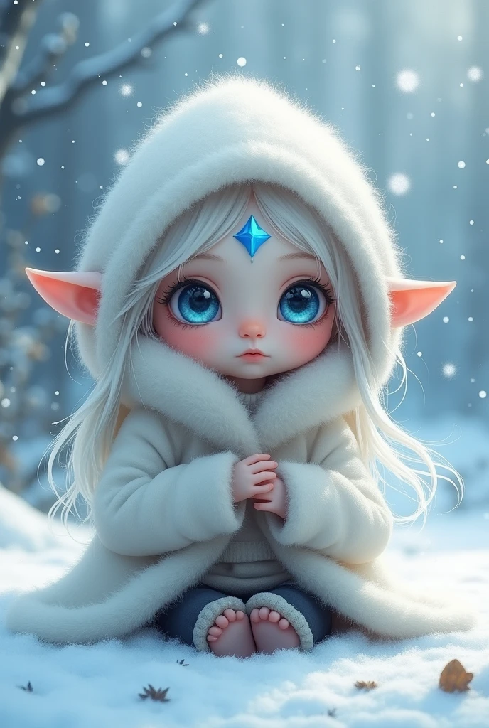 A cute, childlike fantasy character with long, flowing white hair and pointed elf ears sits in a snowy landscape. She is dressed in a thick, white coat with a hood pulled over her head. A blue, star-shaped gem or symbol adorns her forehead. The character’s large, blue eyes have a melancholic or thoughtful expression. She is small in stature, with her legs drawn up to her chest, and her arms wrapped around her knees to keep warm. The background features a soft, wintry scene with pale blue tones a