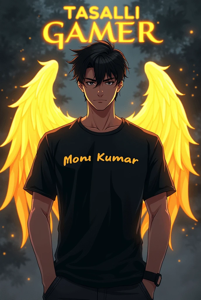 A anime type grey-black background with a text of Tasalli Gamer and a front view Anime type handsome male character wiering a black t-shirt, name on t-shirt was Monu Kumar and character have glowing yellow wings
