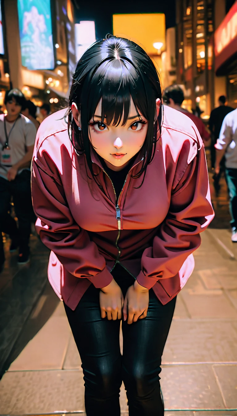 RAW Photos, , ((Highest quality, 8k, masterpiece:1.3)), Sharp focus on people: 1.2, Blur the background:1.1,She is leaning forward and holding a man's penis in her mouth:1.5 , Cool look, The upper body is pink and all lace patterned tank top,The lower half is naked, Black, thin pubic hair, Female genitals in full view,Beautiful woman:1.4, Rainbow Hair,(tied hair), (In a dark hotel room: 1.4), , Highly detailed face and skin texture, fine grain, double eyelid. Sleepy eyes,short hair, Red eyes,A pleasant expression,small tits,