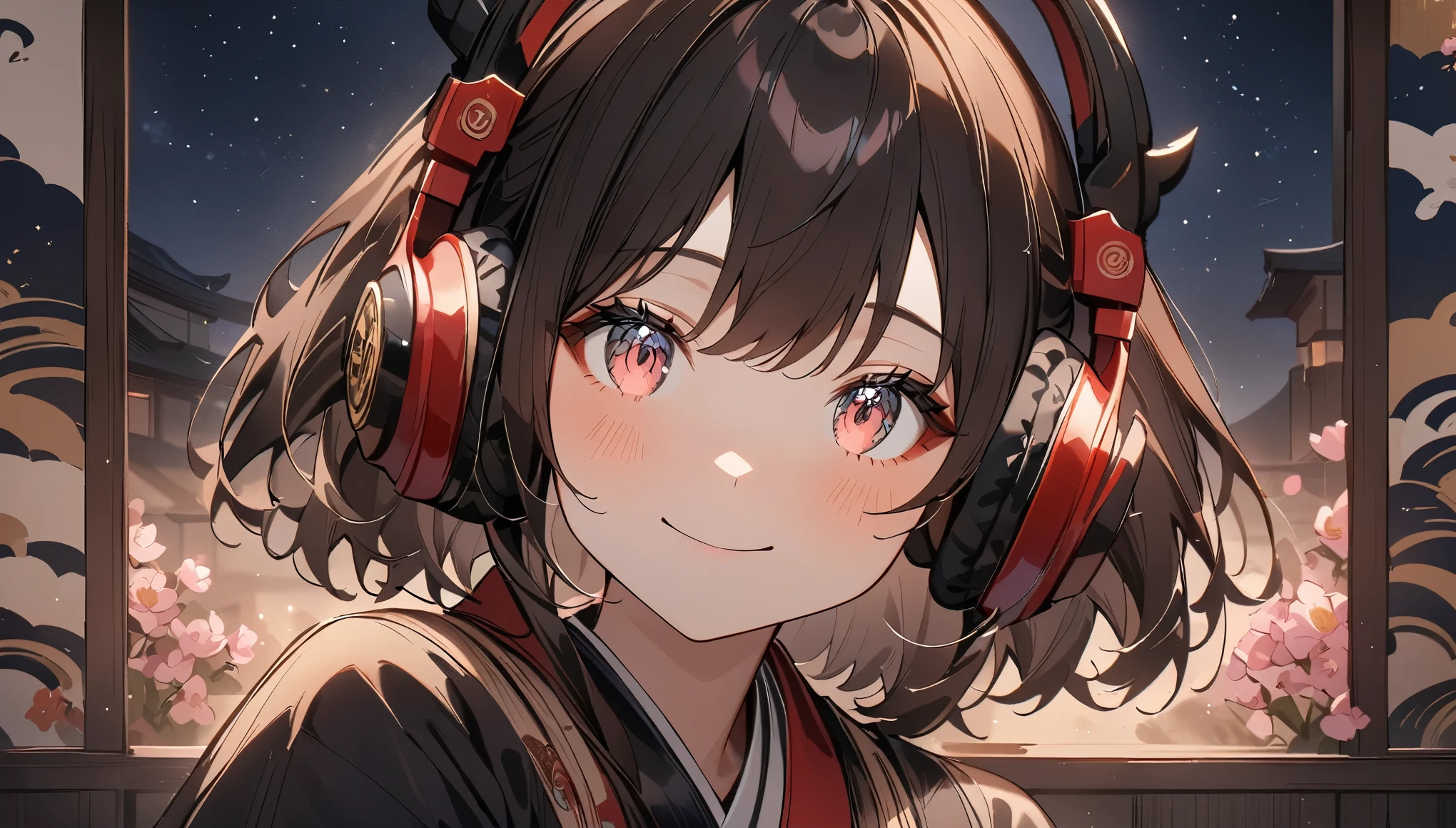 A wall with pictures of flowers on a white wall, Wall with artistically painted pink flowers, adorable girl, cute face, ash gray haine eyes, silence, zazen, costumes with intricate decorations, highest quality, best image quality, masterpiece:1.3, portrait, 8K, perfect lighting, professional photographer, ((headphones)), ((background: night, starry sky)), ((ukiyo-e style)), ((smile)), ((1 girl)),