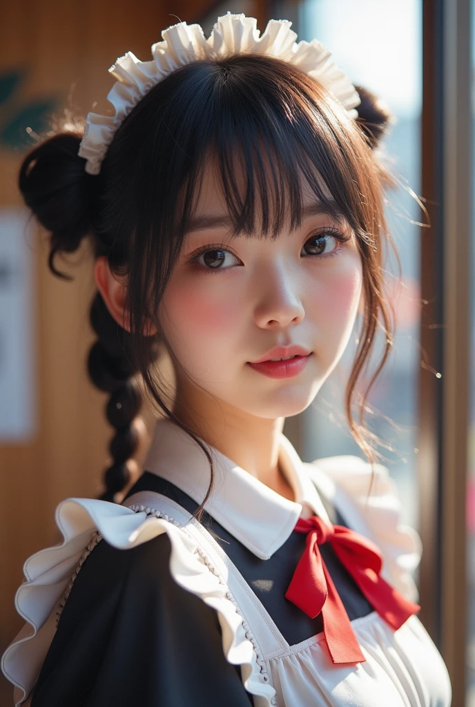 (masterpiece,Highest quality:1.4),(8k,RAW Photos,Photorealistic:1.2),Ultra-high resolution, ,(Glowing Skin:1.4),Detailed skin,Detailed face,Detailed eyes,(Beautiful and shining eyes:1.2),Symmetrical eyes,Detailed ears,One person,Natural Makeup,(((Japanese Idols))),((Beautiful Japanese)),(Golden ratio face),Detailed Background,Beautiful and shiny hair,Twin tails)),,(((Cute **** Maid))),((Average teenage breasts)),,Upper Body,(Detailed maid costume,teenager),,,Professional Lighting,,(Very detailed ,Cute uniform design,online shopping,LUMINE® Market,),,Cute Instagram Style,,Dynamic Angle,(Akihabara maid cafe details,Location was great.),Sakura District,