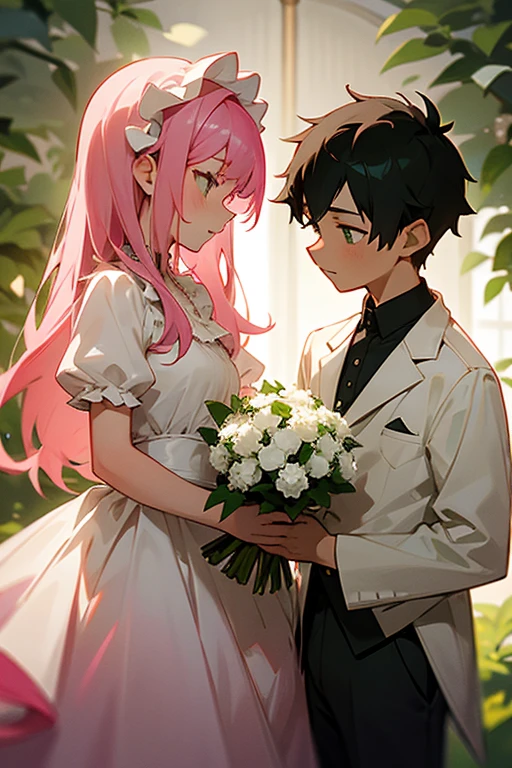 Pink haired girl wearing a white dress with lots of green ruffles looking at a black haired boy next to her while holding a bouquet of flowers 
