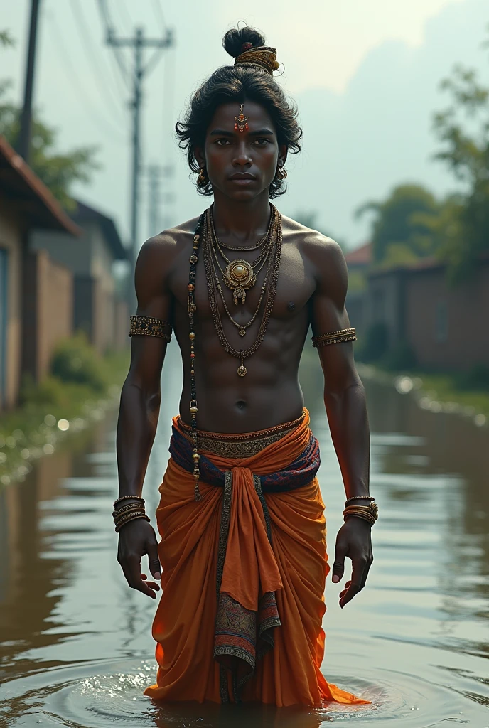 Create a realistic photo of lord little krishna standing on flood of Bangladesh with sad feelings for the people of Bangladesh.
