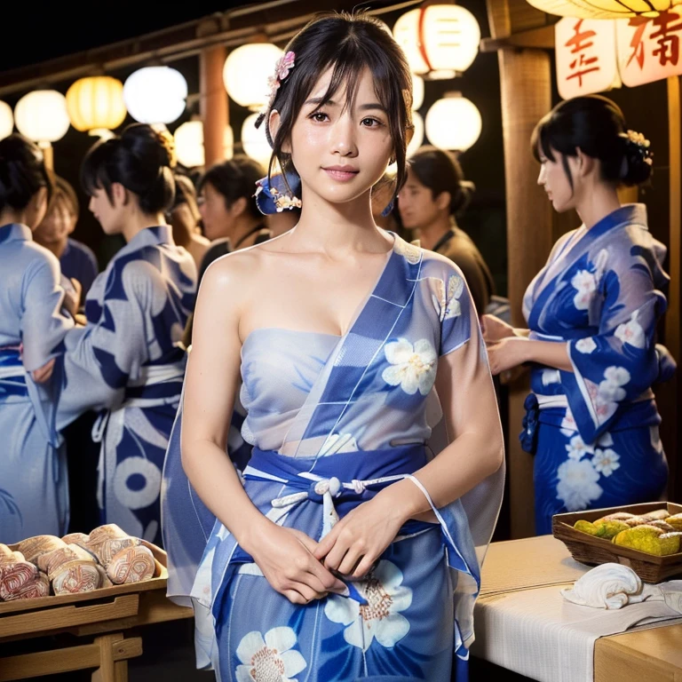 nsfw,(((The yukata is short and reveals her sexy thighs..)))、(((Shoulder Bare)))、See-through sexy yukata、Cute 20 year old Japanese idol、(((Bare skin visible through the yukata.)))、(((A see-through yukata)))、(One Girl)、Very cute face、Great face and eyes、(Highly detailed eyes、Highly detailed face)、Fresh、Very beautiful appearance、(超Realistic、High resolution)、(Highest quality:1.4)、RAW Photos、(Realistic、Realistic:1.37)、Professional photos、(A pale blue, sheer floral yukata that lets a little skin show through:1.5)、(Open yukata)、(Cleavage:1.2)、(Exposed shoulders)、smile、(Iを見つめて)、(((Crowded food stall at night)))、Portrait of a Girl、(((I'Not wearing underwear)))、Big Breasts、Cleavageを強調、Glowing Skin、It's hot and humid and I'Sweating、A yukata that fits snugly against the skin