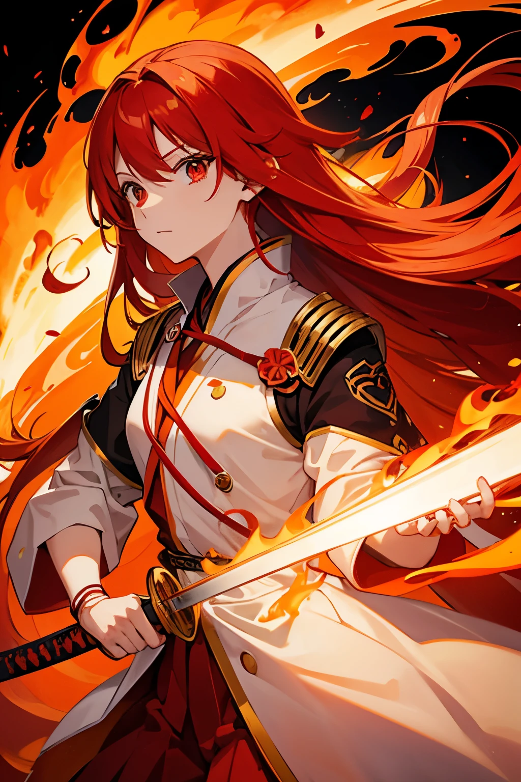 Long red hair、orange gradation、uniform、Light orange ribbon on chest、flaming katana、The surroundings are burning、Red eyes、anime