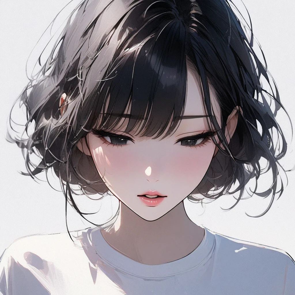 Girl, dreamy eyes, ethereal, elegant, model, calm, attractive, squinted eyes, asian beauty, black eyes, black hair, white shirt, sleepy, half-closed eyes, full lips, lipgloss, no background, light, parted lips, face focus, detailed