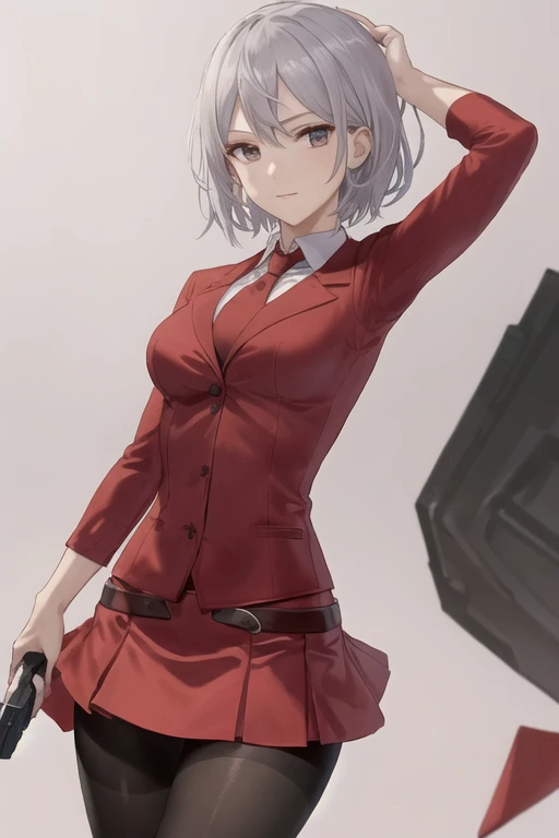 Highest quality、Ultra HD、Vivid colors、One Woman、(Silver short hair)、(Red Blazer 1.3)、(Red tie)、(shirt)、(Red Heels 1.1)、((Red Mini Tight Skirt))、((Black Tights 1.2))、((1 holding a gun in both hands.5))、stylish、Beautiful Face、(Black Belt 1.2)、2 female、Glamorous Body、(Sunset slum background 1.2)、((Clear and beautiful touch))