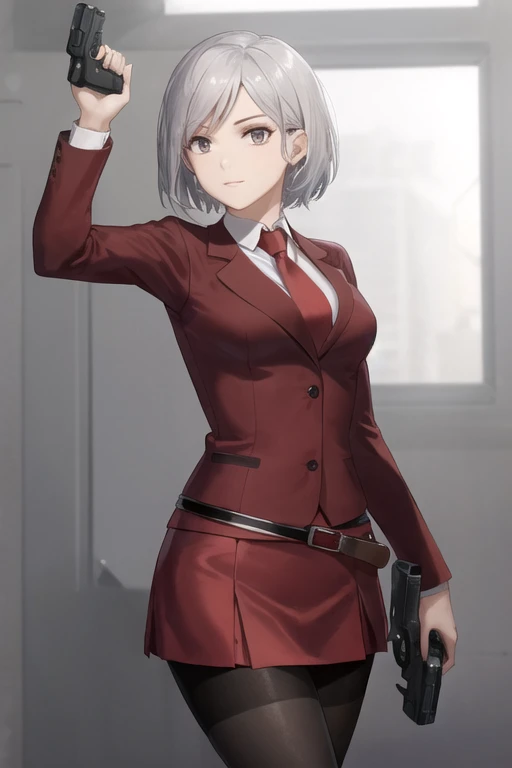 Highest quality、Ultra HD、Vivid colors、One Woman、(Silver short hair)、(Red Blazer 1.3)、(Red tie)、(shirt)、(Red Heels 1.1)、((Red Mini Tight Skirt))、((Black Tights 1.2))、((1 holding a gun in both hands.5))、stylish、Beautiful Face、(Black Belt 1.2)、2 female、Glamorous Body、(Sunset slum background 1.2)、((Clear and beautiful touch))