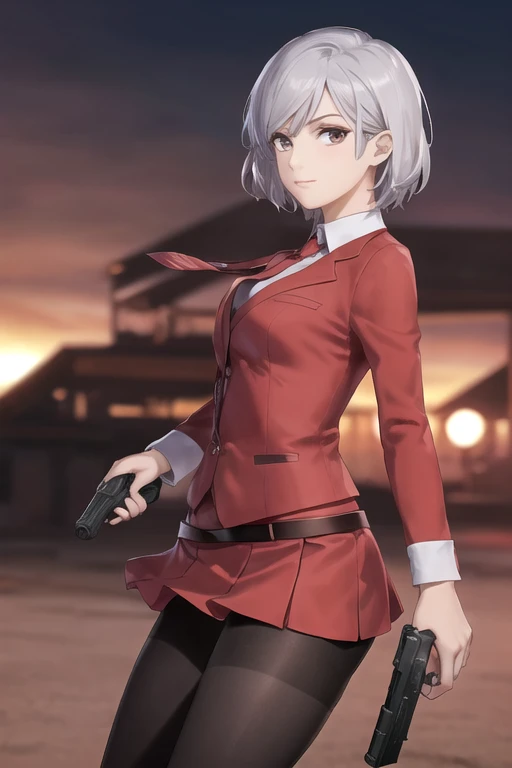 Highest quality、Ultra HD、Vivid colors、One Woman、(Silver short hair)、(Red Blazer 1.3)、(Red tie)、(shirt)、(Red Heels 1.1)、((Red Mini Tight Skirt))、((Black Tights 1.2))、((1 holding a gun in both hands.5))、stylish、Beautiful Face、(Black Belt 1.2)、2 female、Glamorous Body、(Sunset slum background 1.2)、((Clear and beautiful touch))