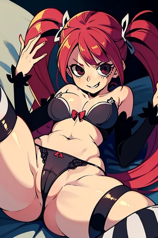 detailed digital art, slim girl, hair is in two pigtails, middle sized breast, mini skirt,slightly visible panty ((Red Black striped)), high kneesocks, laying on her back, legs wide spread, lustful smirk, only underwear