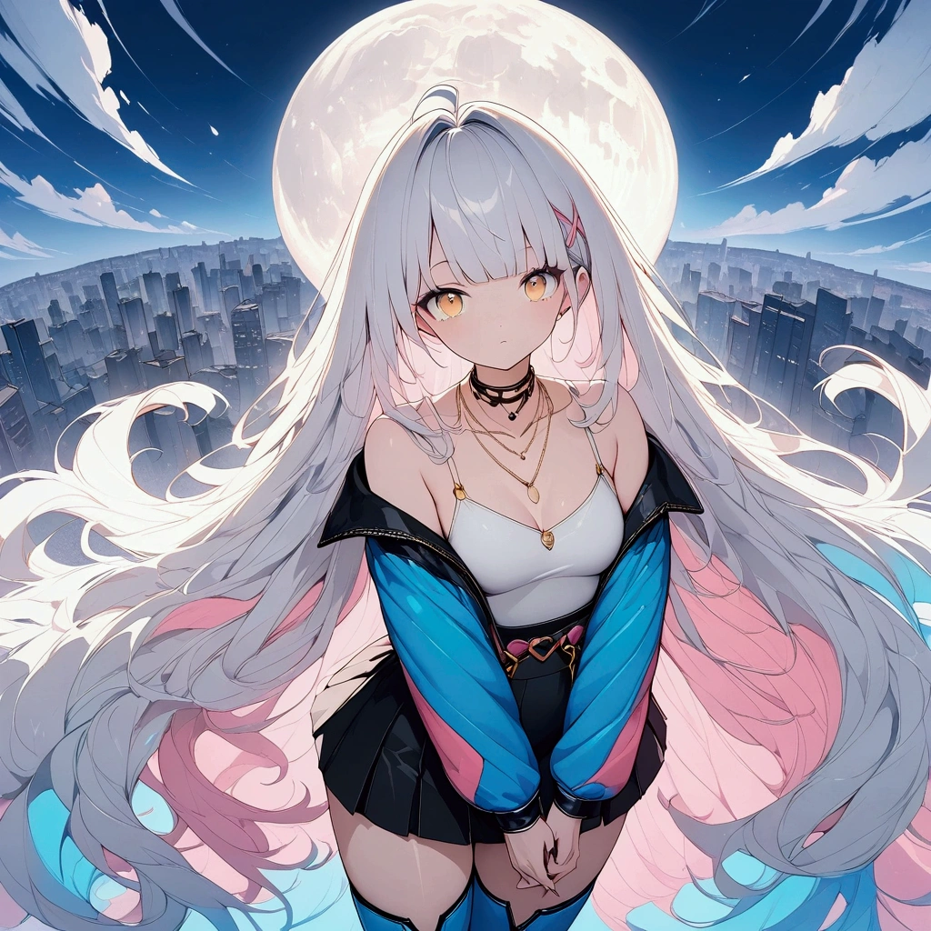 (((anime))) One Woman,Holding a Japanese sword,With both hands,samurai,Long Hair,Fluffy long hair,(White Hair),Oblique bangs,One eye is hidden,necklace,Yellow Eyes,Big Eyes Cyber Suit,Drop shoulder,mini skirt,Blue Boots,Modern city,Neon color,moon,masterpiece,Highest quality,Exquisite,8k,Absurd,Ultra-fine illustrations,(View your audience)