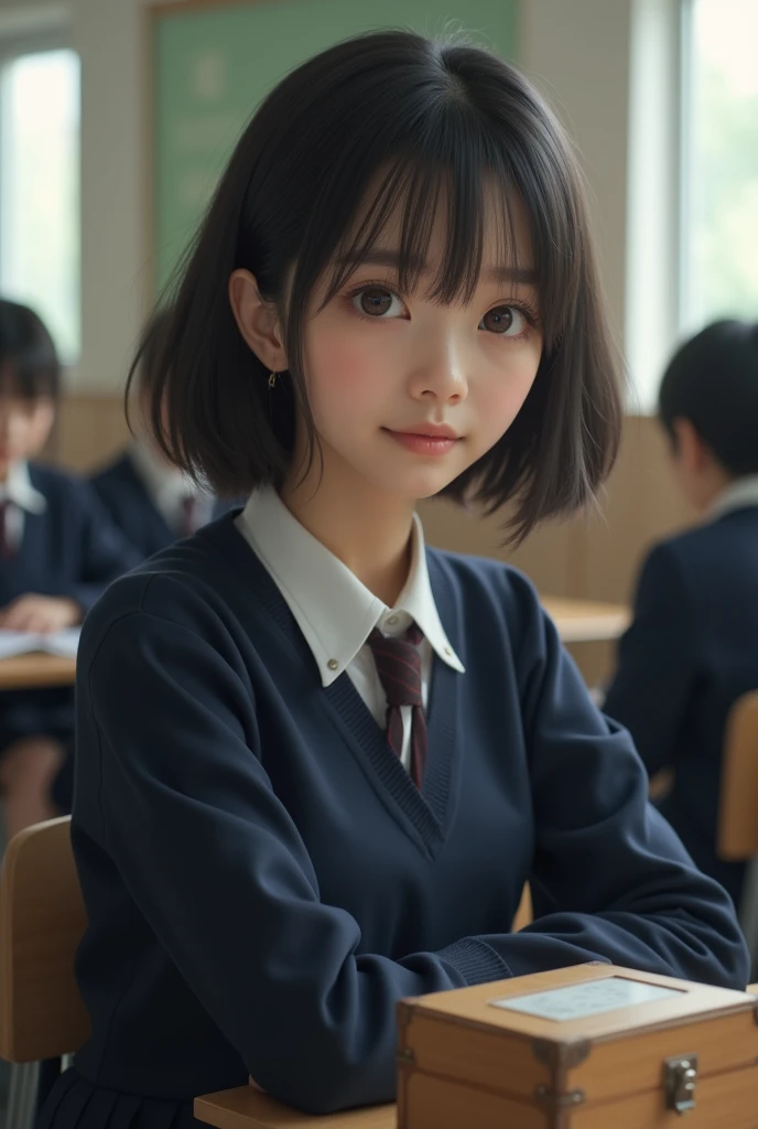 best quality, face focus, soft light, ultra high res, (photorealistic:1.4), RAW photo, 1japanese girl, solo, cute, (shy smile:0.5), (brown eyes, lights in the eyes), detailed beaust quality, face focus, soft light, ultra high res, (photorealistic:1.4), RAW photo, 1japanese girl, solo, cute, (shy smile:0.5), (brown eyes, lights in the eyes), detailed beautiful face, (small chest),(high resolution detail of human skin texture), (short bob hair), BREAK, in classroom,navy school uniform, vest, skirt