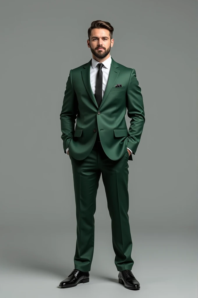 well-dressed man wearing a green suit. He has a well-groomed beard and is wearing a white dress shirt, black tie, and dark dress shoes. The man has a confident and professional demeanor, standing with his hands in his pockets. The background is a plain gray color, which helps to draw the focus to the man's attire and expression