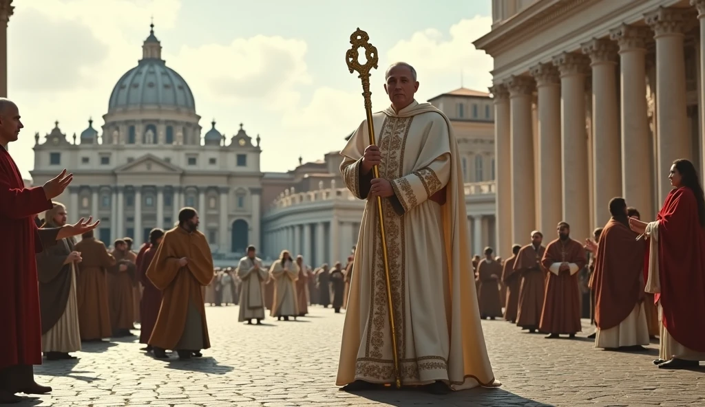 Scene set in St. Peter's Square in the Vatican. The focal point of this image is the brown no laces country boots wich white robes highly ornate attire with papal insignia and a mantle and he holds a long papal staff. The background is St. Peter's Square in the Vatican filled with worshippers. The scene captures the moment of religious significance and the historical and artistic richness of St. Peter's Square. Ultra-realistic photo, 16k, ultra high resolution, photorealistic, Ultra HD.