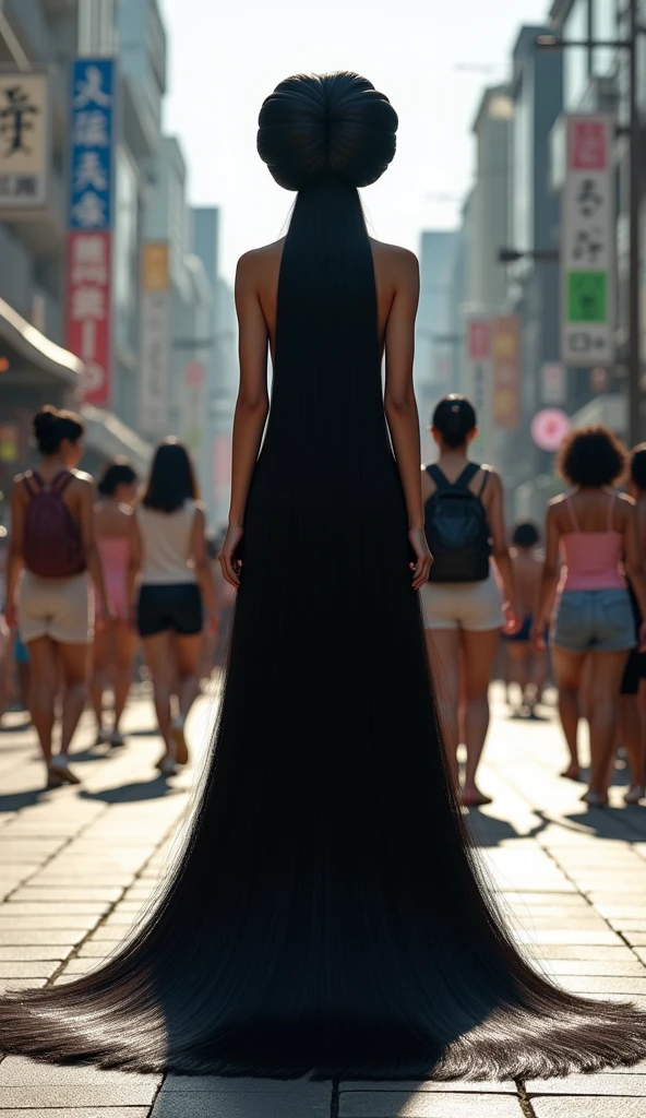 Pretty Japanese women,((full body shot from hair to feet)), ((naked)),(NSFW),with a very large hair bun, the diametre,(( very large bun)), ((The diameter of her bun is 100 centimeters)) ,circular bun, shiny black hair, about 100 meters long hair, length knee hair,very shiny hair, loose hair filling the entire ground, the ground is full of her long hair , ((both hands hold long hair)), ((gigantic breast)), large breast,shaggy ,(( in middle crowd of women)), street , laughing,(looking back over shoulder) ,, ((straight hair)), very thick hair,((Thickness of hair is 100 cm)), , , bright sunlight from side,