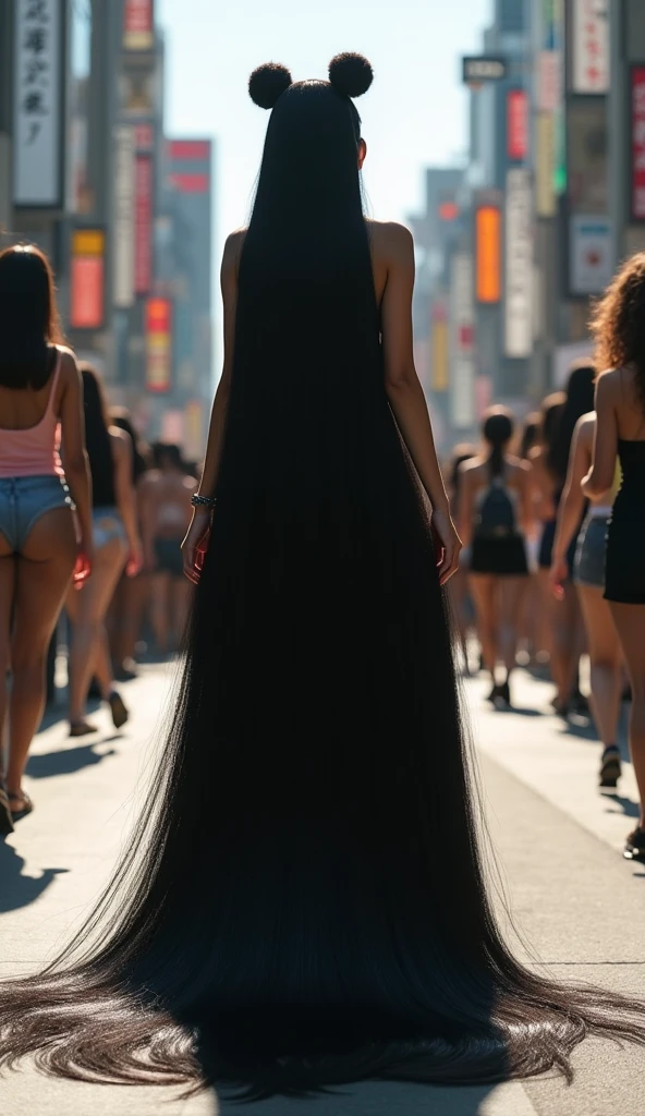 Pretty Japanese women,((full body shot from hair to feet)), ((naked)),(NSFW),with a very large hair bun, the diametre,(( very large bun)), ((The diameter of her bun is 100 centimeters)) ,circular bun, shiny black hair, about 100 meters long hair, length knee hair,very shiny hair, loose hair filling the entire ground, the ground is full of her long hair , ((both hands hold long hair)), ((gigantic breast)), large breast,shaggy ,(( in middle crowd of women)), street , laughing,(looking back over shoulder) ,, ((straight hair)), very thick hair,((Thickness of hair is 100 cm)),  ,  , bright sunlight from side,
