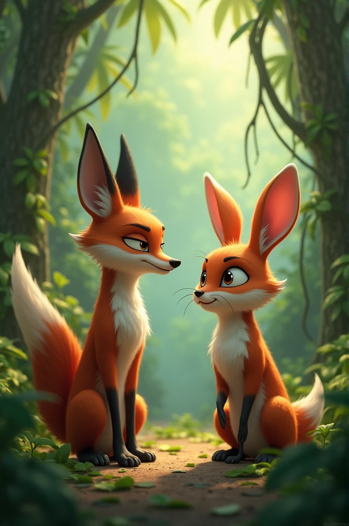 Here is the first scene from the story: the sly fox and the innocent rabbit standing together in the jungle.Would you like me to generate images for the remaining scenes as well?