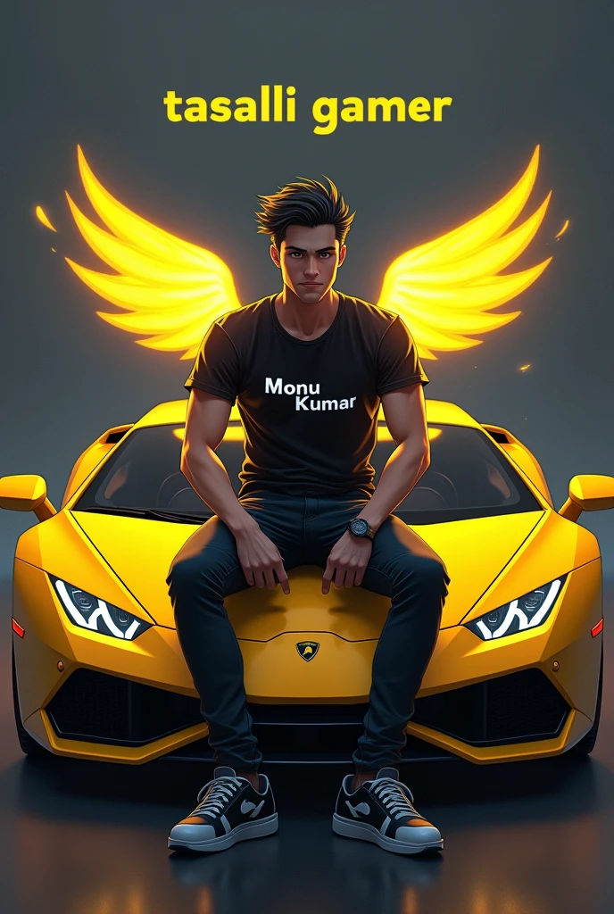 A anime type grey-black background with a text of Tasalli Gamer and a front view Anime type handsome male character sitting on Yellow Lamborghini, wiering a black t-shirt, name on t-shirt was Monu Kumar and character have glowing yellow wings 