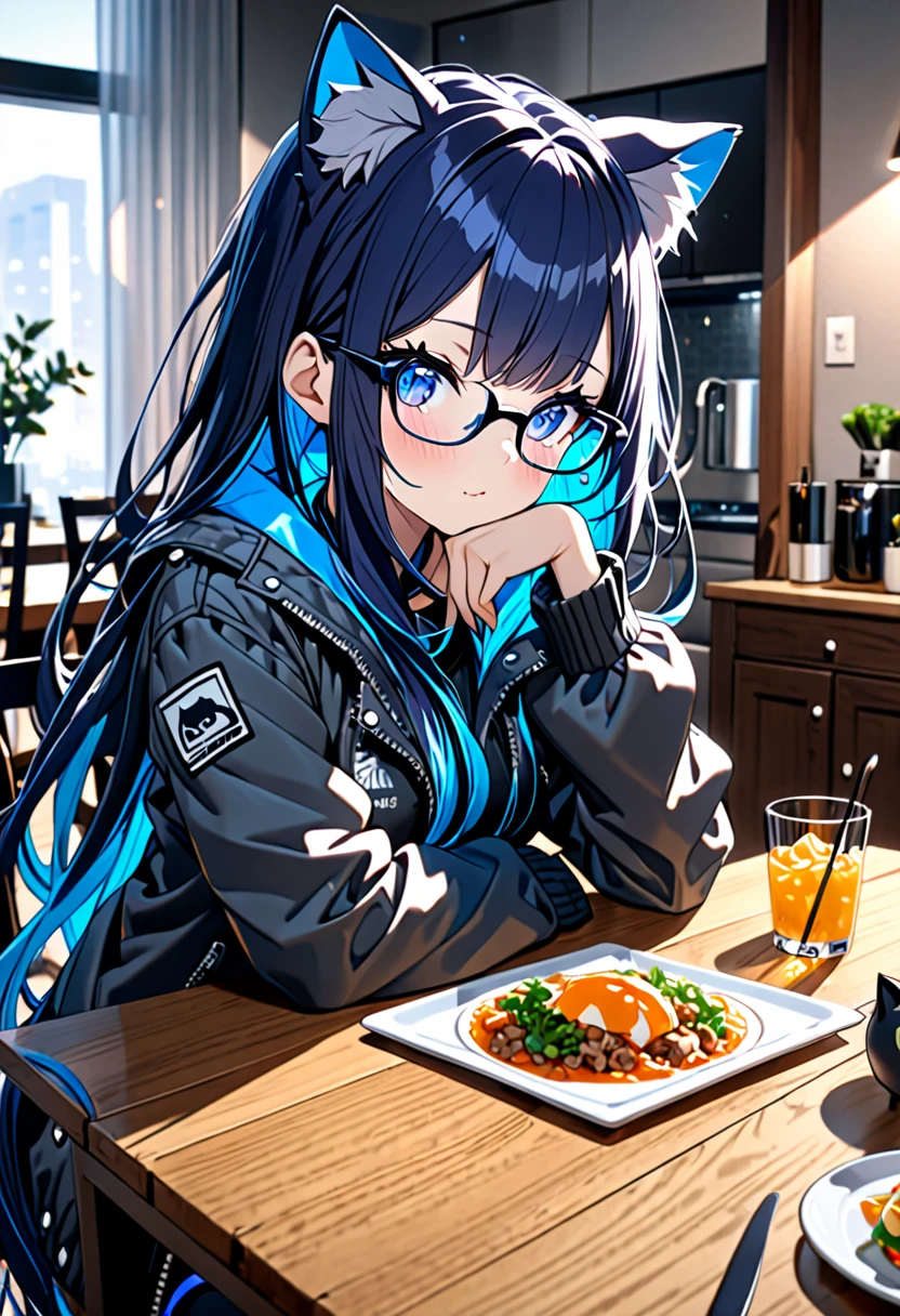 8K Ultra High-Quality, ultra-detailed, High quality, 2, Dark Blue hair, Neon Blue Inner layer hair, Long hair, Cat ears, jacket, glasses, full body, dining table