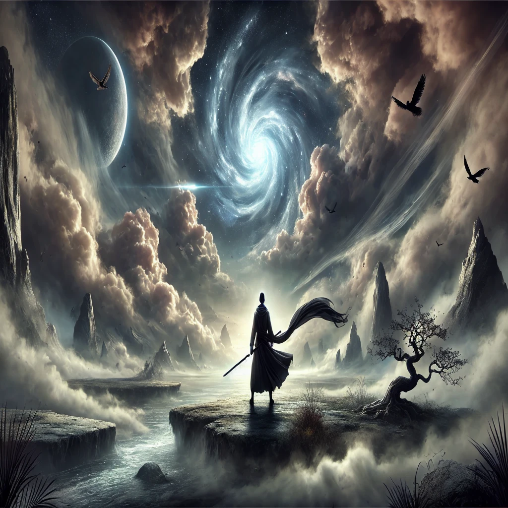painting of a man standing on a cliff with a sword in front of a spiral, epic surrealism 8k oil painting, epic fantasy sci fi illustration, epic fantasy digital art style, epic fantasy digital art, fantasy epic digital art, 4k highly detailed digital art, epic scifi fantasy art, epic mysterious surrealism, 4k fantasy art, symmetrical epic fantasy art